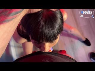 Brunette enjoys rough blowjob and gets cum in her mouth