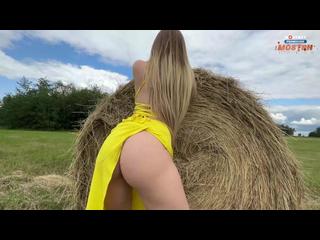 Beautiful bitch in a yellow dress began to suck dick and fuck in the hayloft