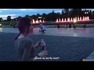 Cute hot girl doing public blowjob, cum in mouth and swallow cum