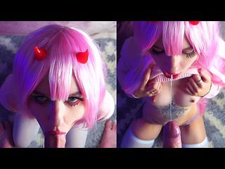 Zero Two sucks cock and gets cum on face - Sunako_Kirishiki